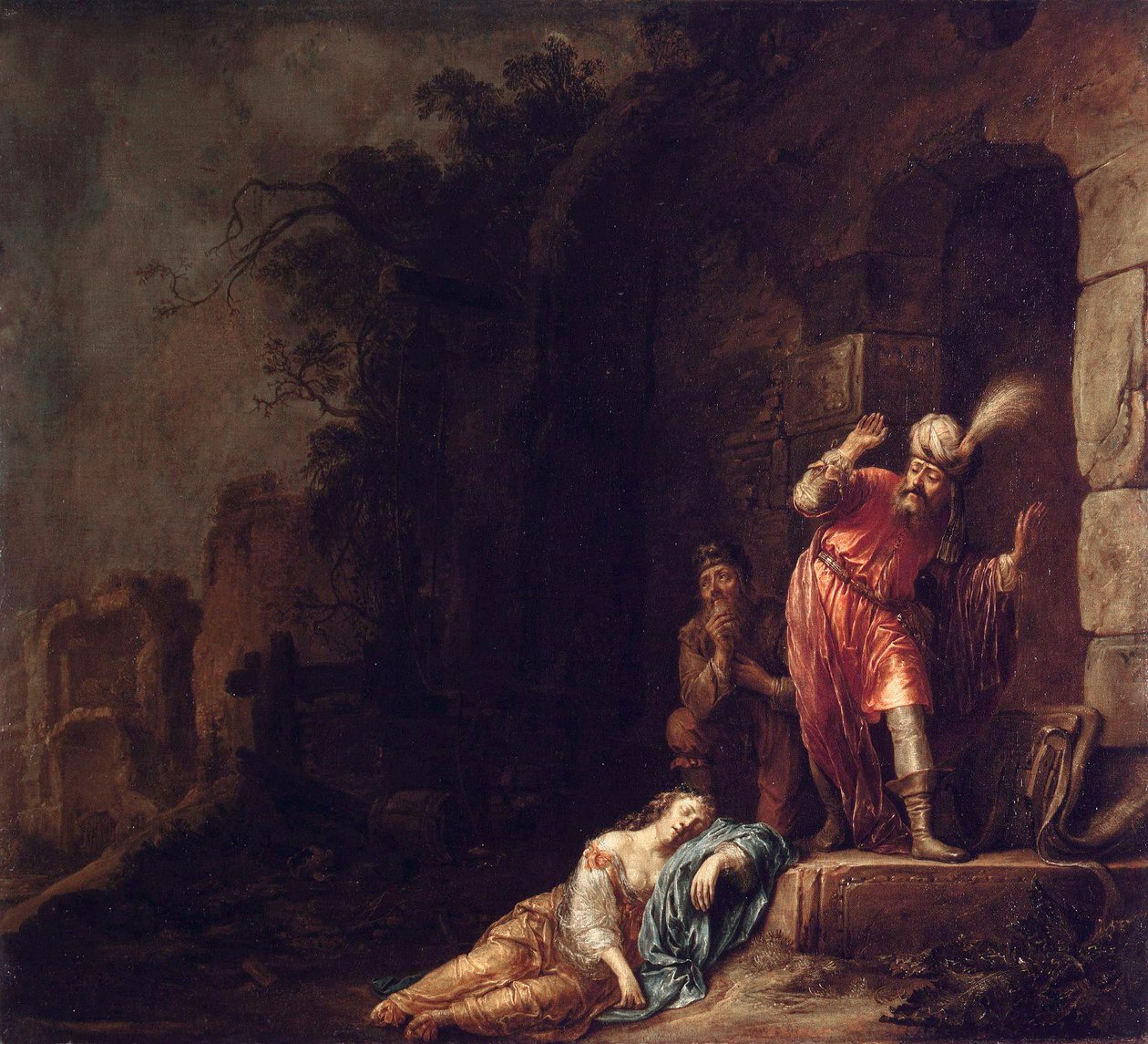 ""Leviten från Efraim"" Leviten upptäcker den livlösa kroppen av sin älskade misshandlad av banditer (Death of the Levite