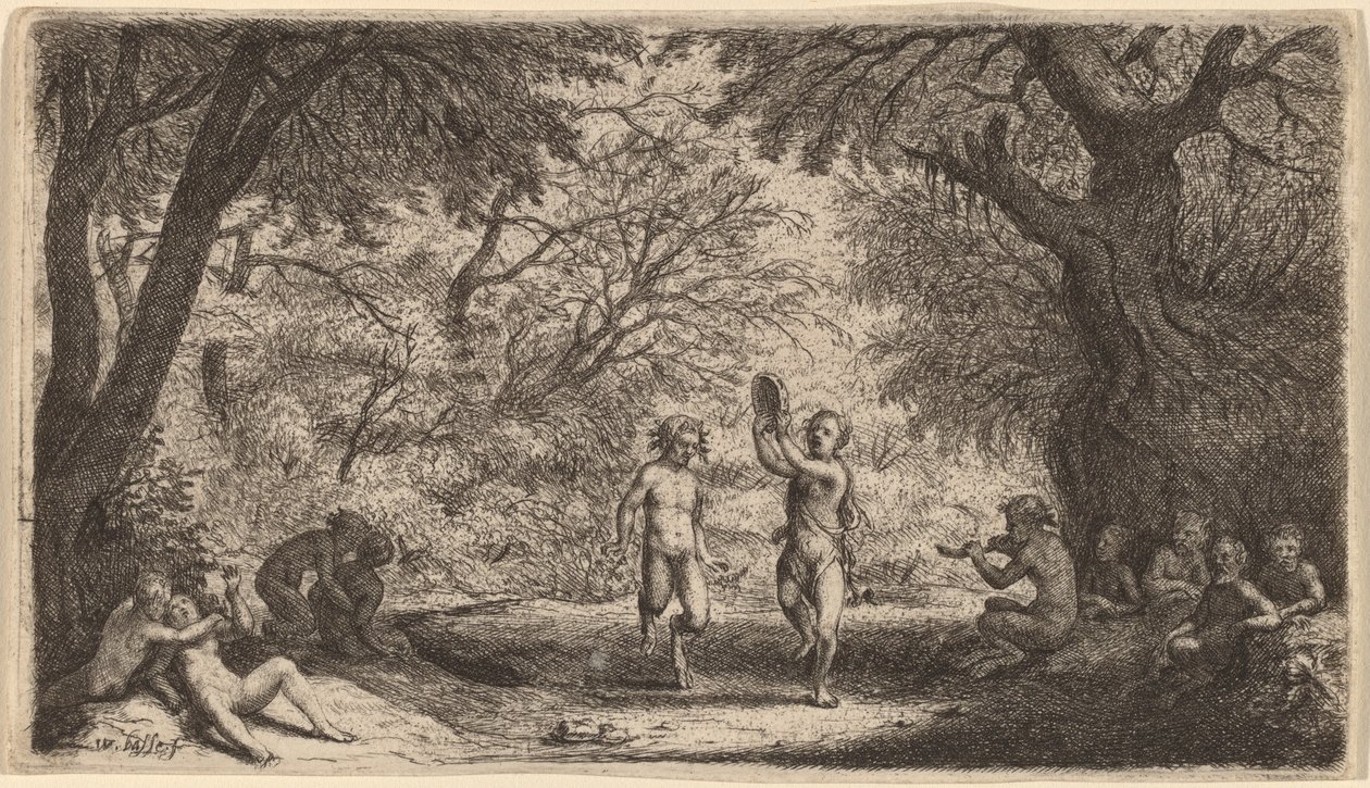 Bacchanal med ett dansande par i centrum av Willem Basse