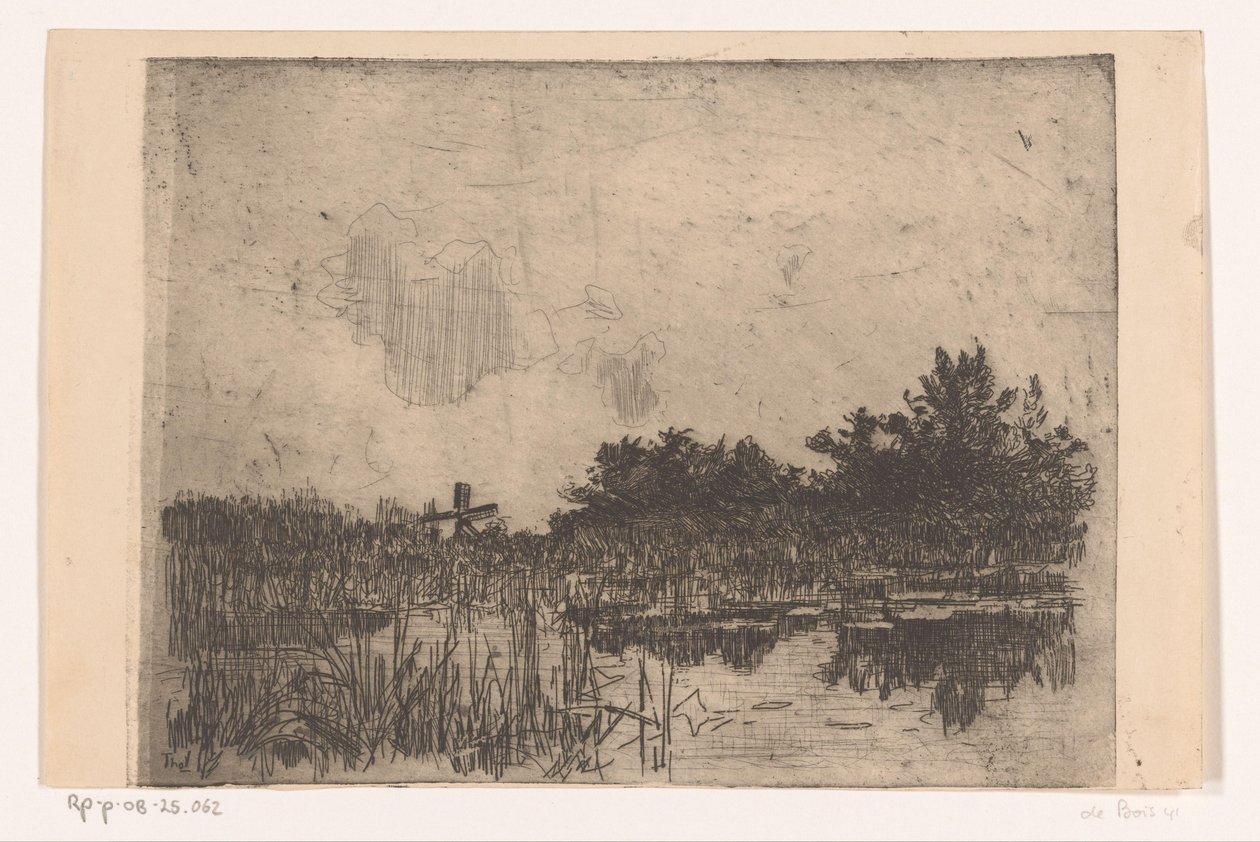 Sjön med vass och vattenkvarn, nära Giethoorn Kolk med vattenkvarn (Giethoorn) (originaltitel) av Willem Bastiaan Tholen