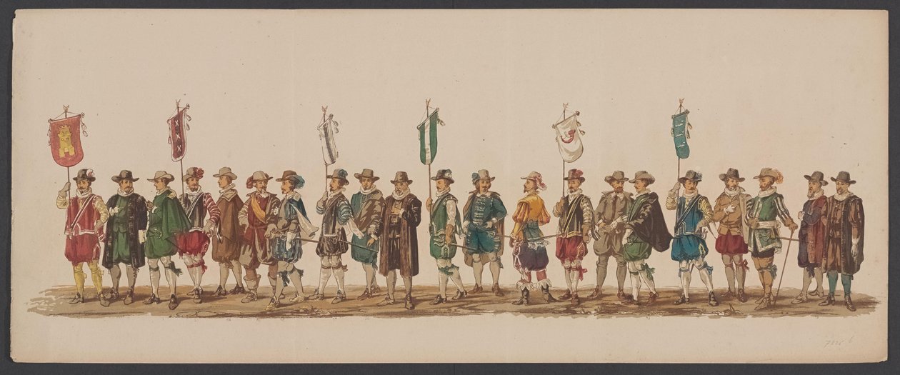 Delfts parad 1862, femte gruppen Fjärde Lustrum av Royal Academy i Delft - Ao. 1862 - Costumed Optogt (serietitel på objekt) av Willem Bernardus IJzerdraat