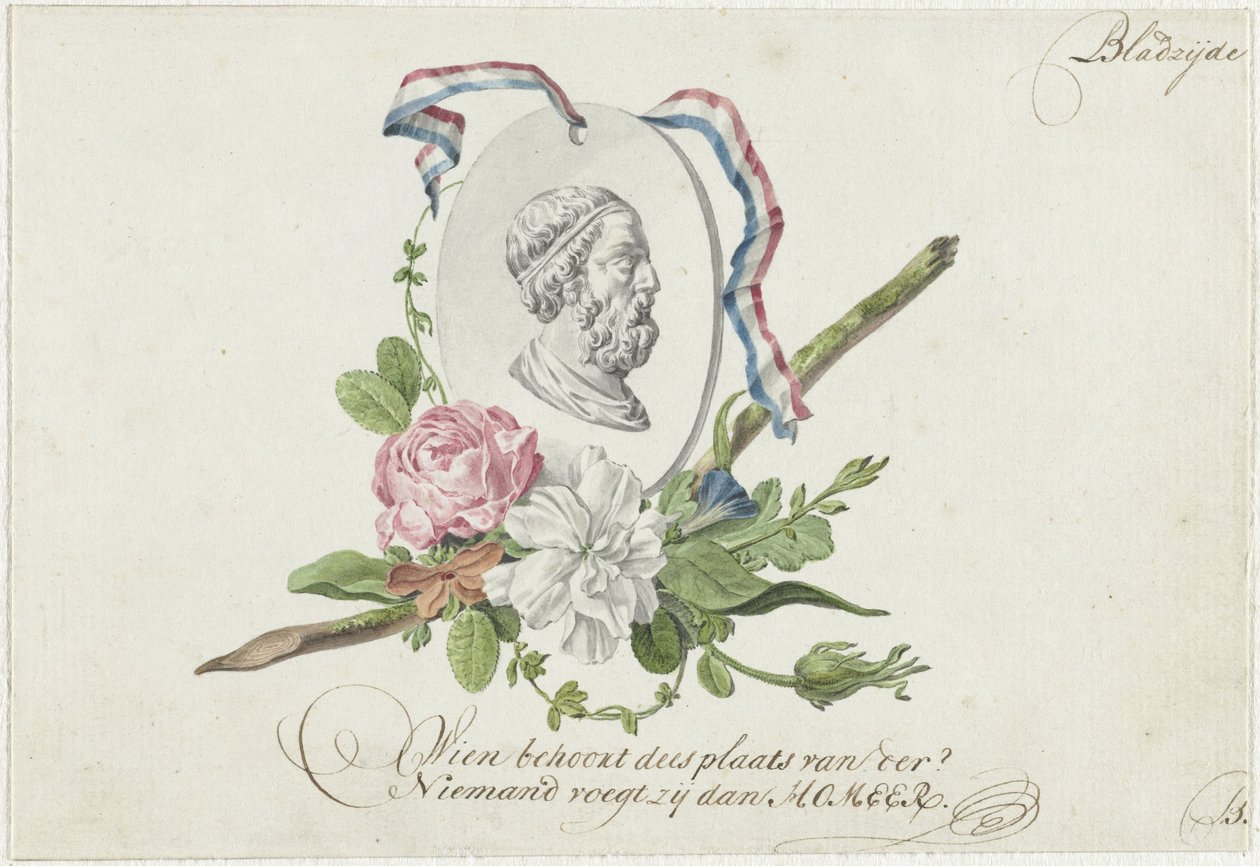 Vinjett med blommor, porträttmedaljong och band av Willem Bilderdijk