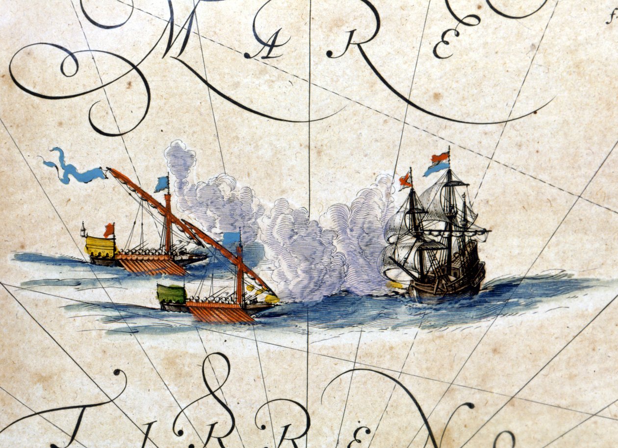 Strid mellan två galärer och en karaque. Atlas av Willem Janszoon Blaeu (1571 - 1638) av Willem Blaeu