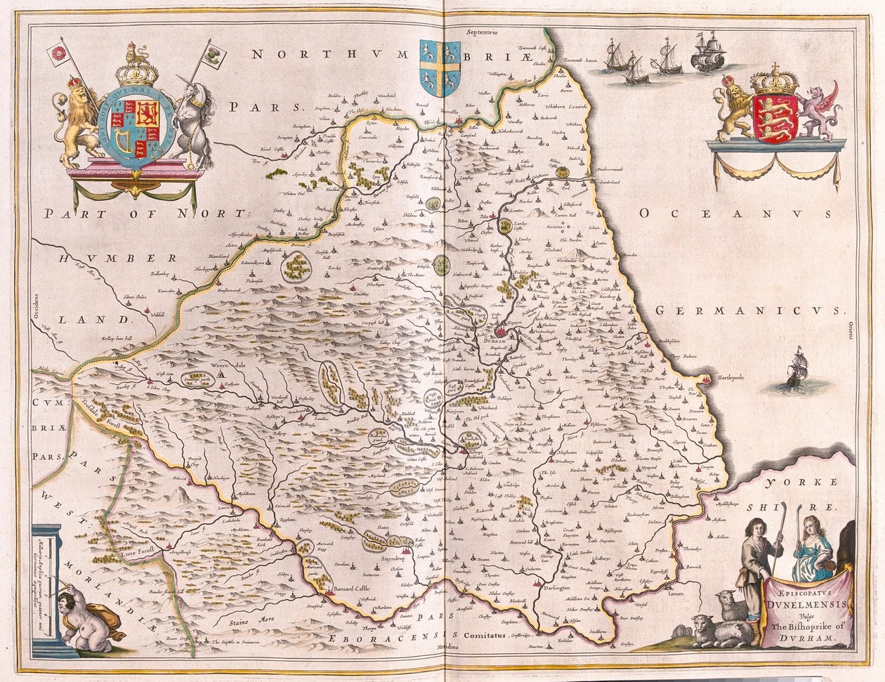 Bishoprike av Durham, i "Theatrum Orbis Terrarum, sive Atlas Novus" av Willem Blaeu, Amsterdam av Willem Blaeu