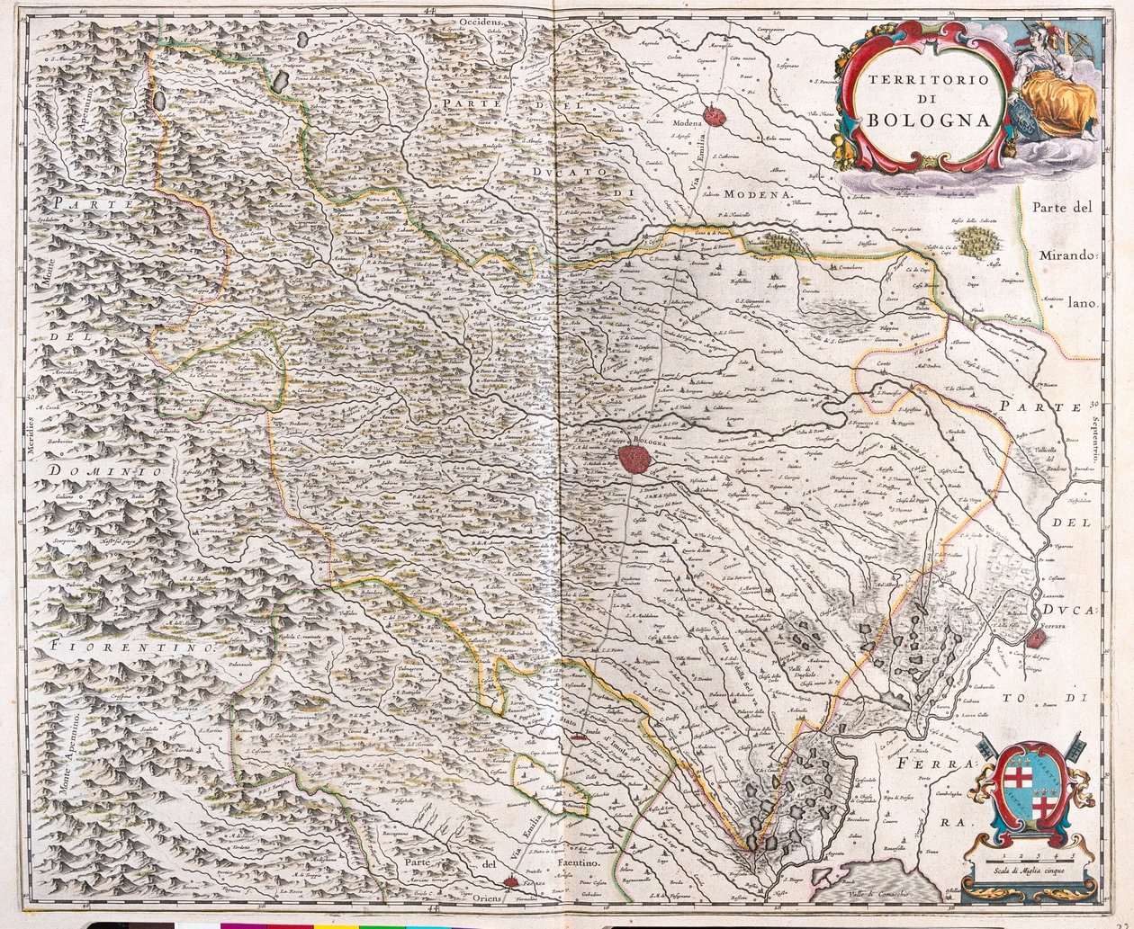 Bologna, Italien, i "Theatrum Orbis Terrarum, sive Atlas Novus" av Willem Blaeu, Amsterdam av Willem Blaeu