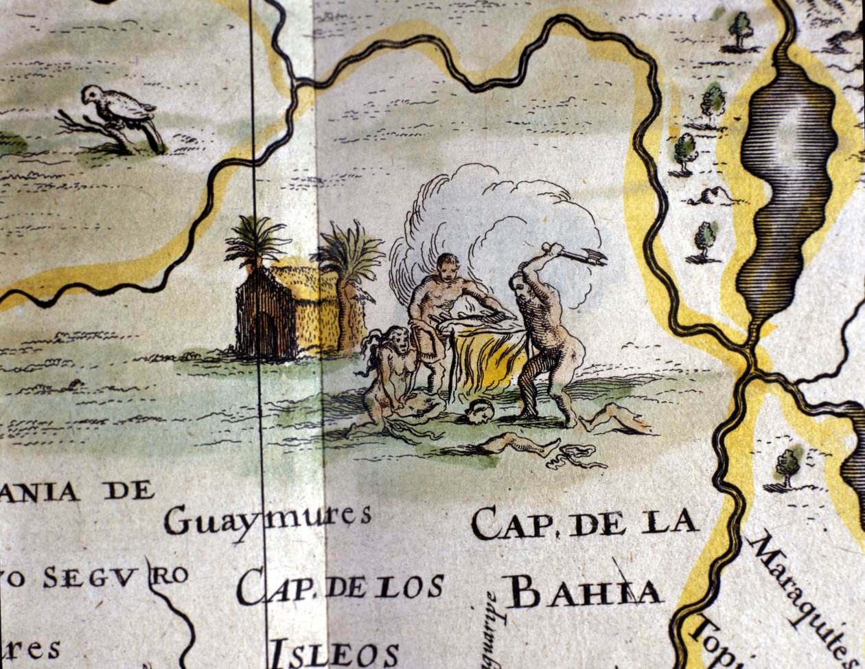 Brasilien. Kannibaler som föreställer en man med en yxa. Detalj av en karta över Atlas of W. Blaeu av Willem Blaeu
