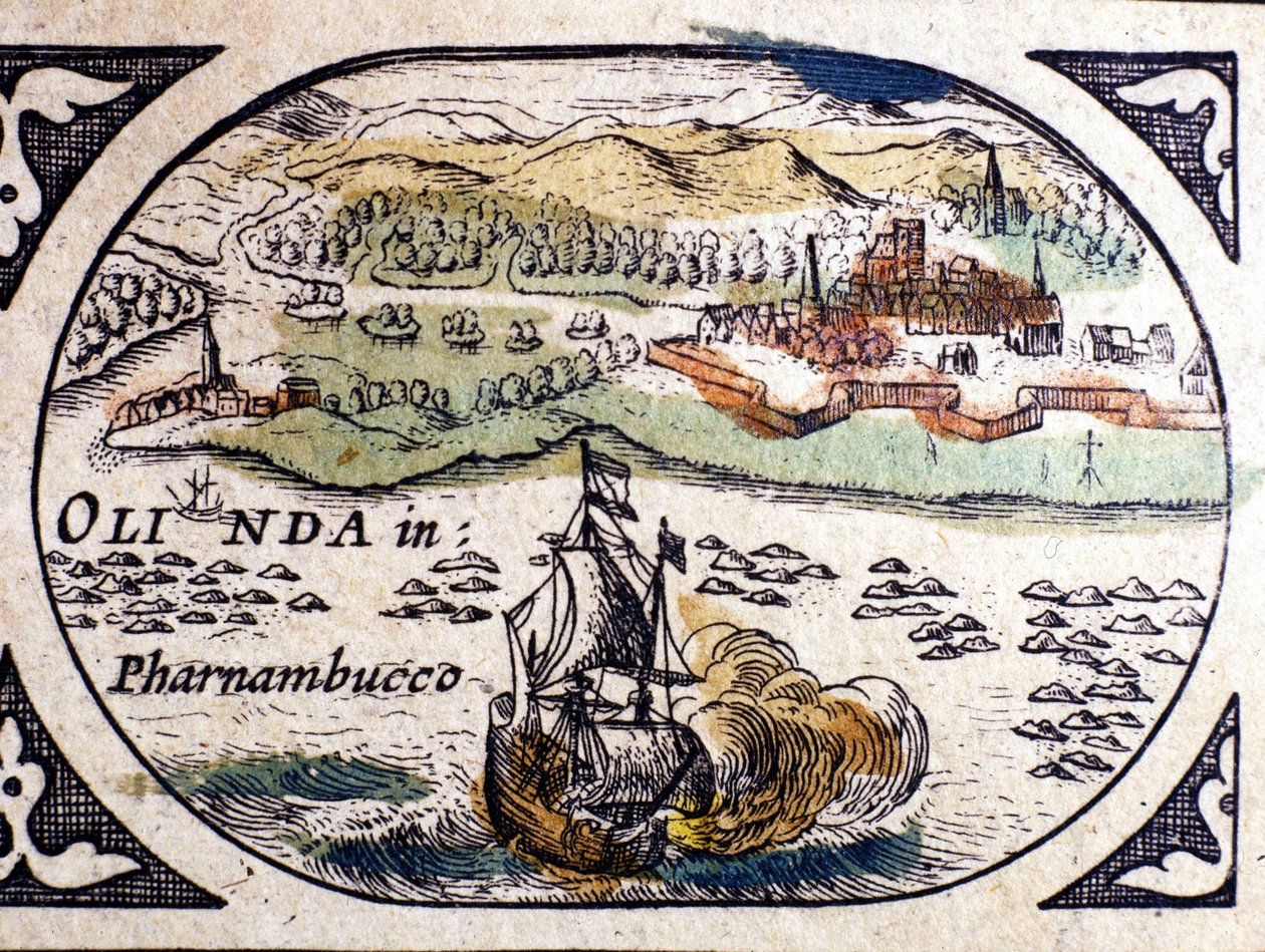 Brasilien, utsikt över Pernambuco (Recife), Atlas av W. G. Blaeu, Amsterdam 1600. av Willem Blaeu