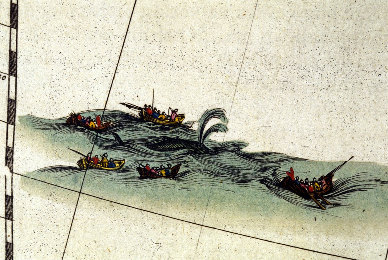 Bretonska fiskare jagar valen med handharpunen. Detalj från William Blaeus Atlas, tryckt i Amsterdam 1665 av Willem Blaeu