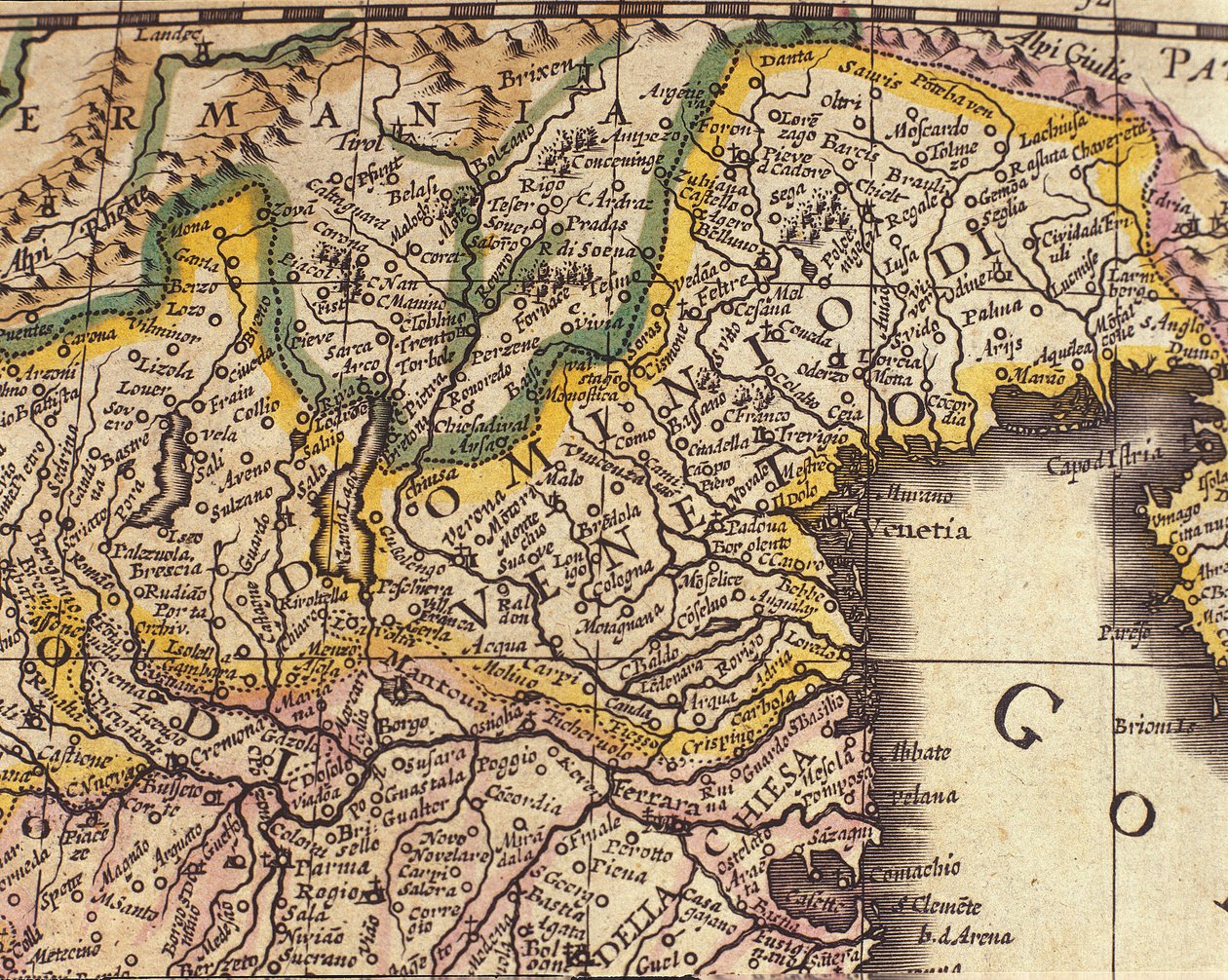 Karta över regionen Veneto, Italien. Atlas av William Blaeu (1571 - 1638) av Willem Blaeu
