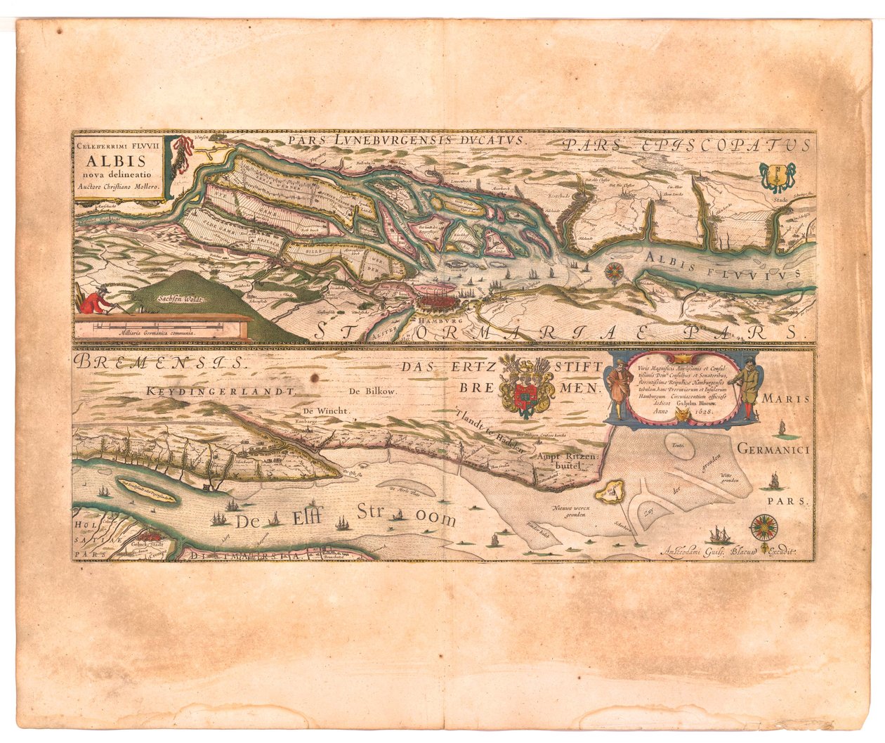 Celeberrimi Fluvii Albis nova delineatio (Den mycket berömda floden Elbe har fått en ny avgränsning.) av Willem Blaeu