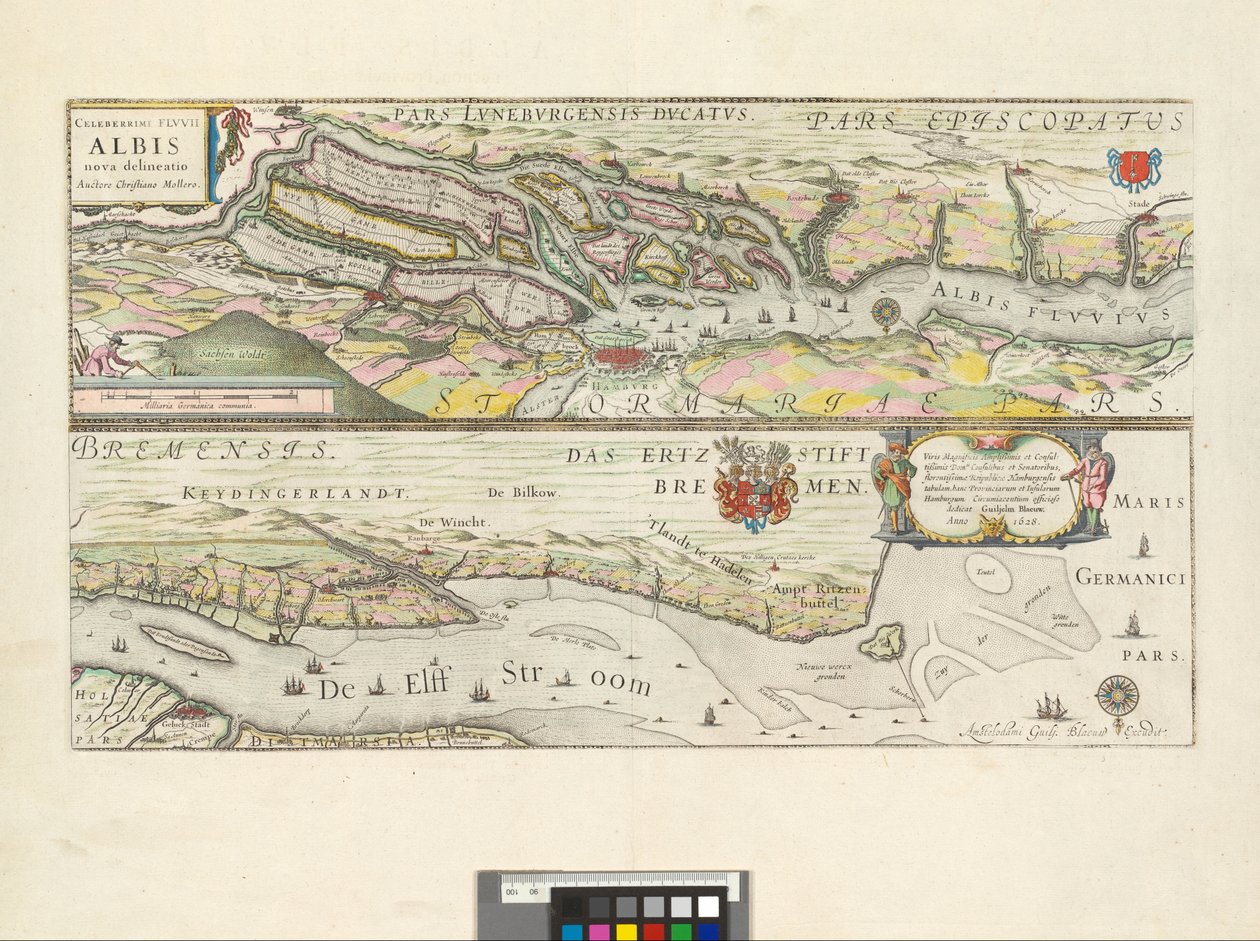 Celeberrimi Flvvii Albis nova delineatio : Viris Magnificis Amplißimis et Consultißimis Domis. Consulibus et Senatoribus, florentissimae Republicae Hamburgensis tabulam, hanc Provinciarum et Insularum Hamburgum Circumiacentium officiose dedicat / Auctore C av Willem Blaeu