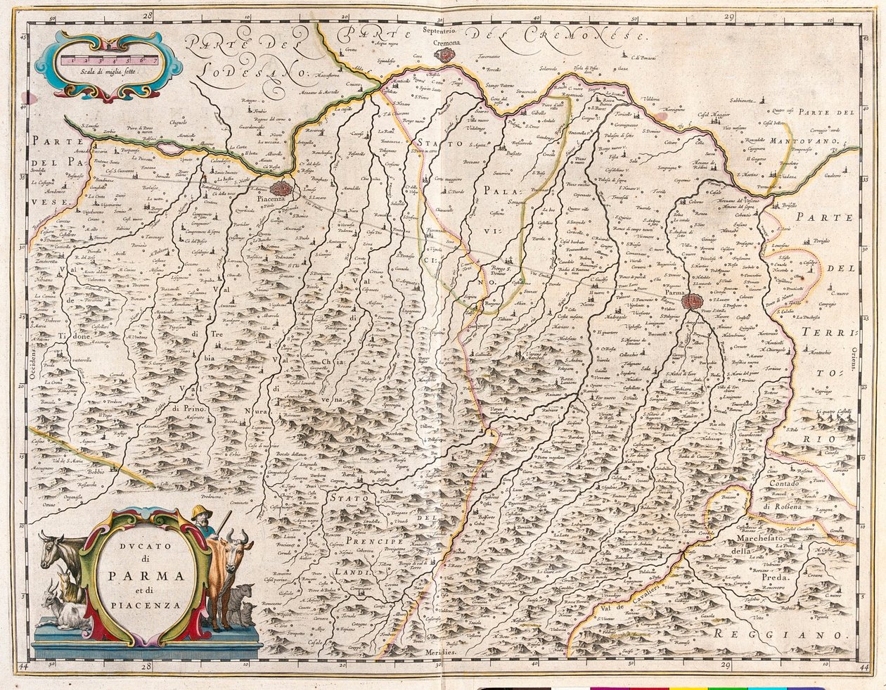 Städerna Parma och Piacenza, Italien, i "Theatrum Orbis Terrarum, sive Atlas Novus" av Willem Blaeu, Amsterdam av Willem Blaeu