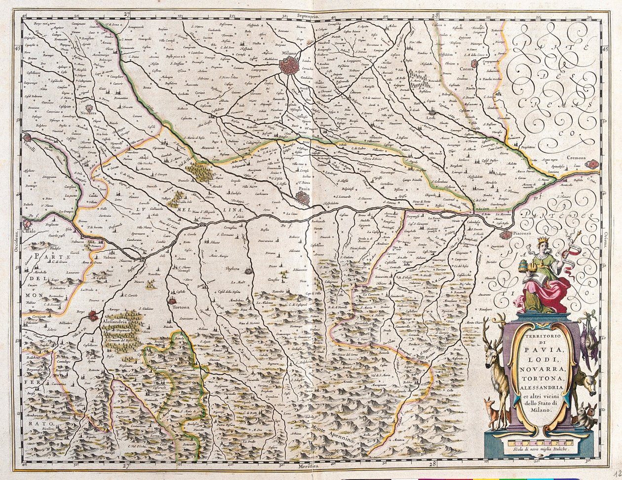 Städer i: Pavia, Lodi, Novara, Tortona, Italien "Theatrum Orbis Terrarum, sive Atlas Novus" av Willem Blaeu, Amsterdam av Willem Blaeu