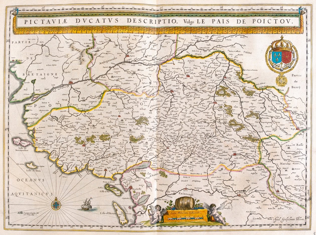 Kustlinjen och städerna Nantes och Rochelle, i "Theatrum Orbis Terrarum, sive Atlas Novus" av Willem Blaeu, Amsterdam av Willem Blaeu