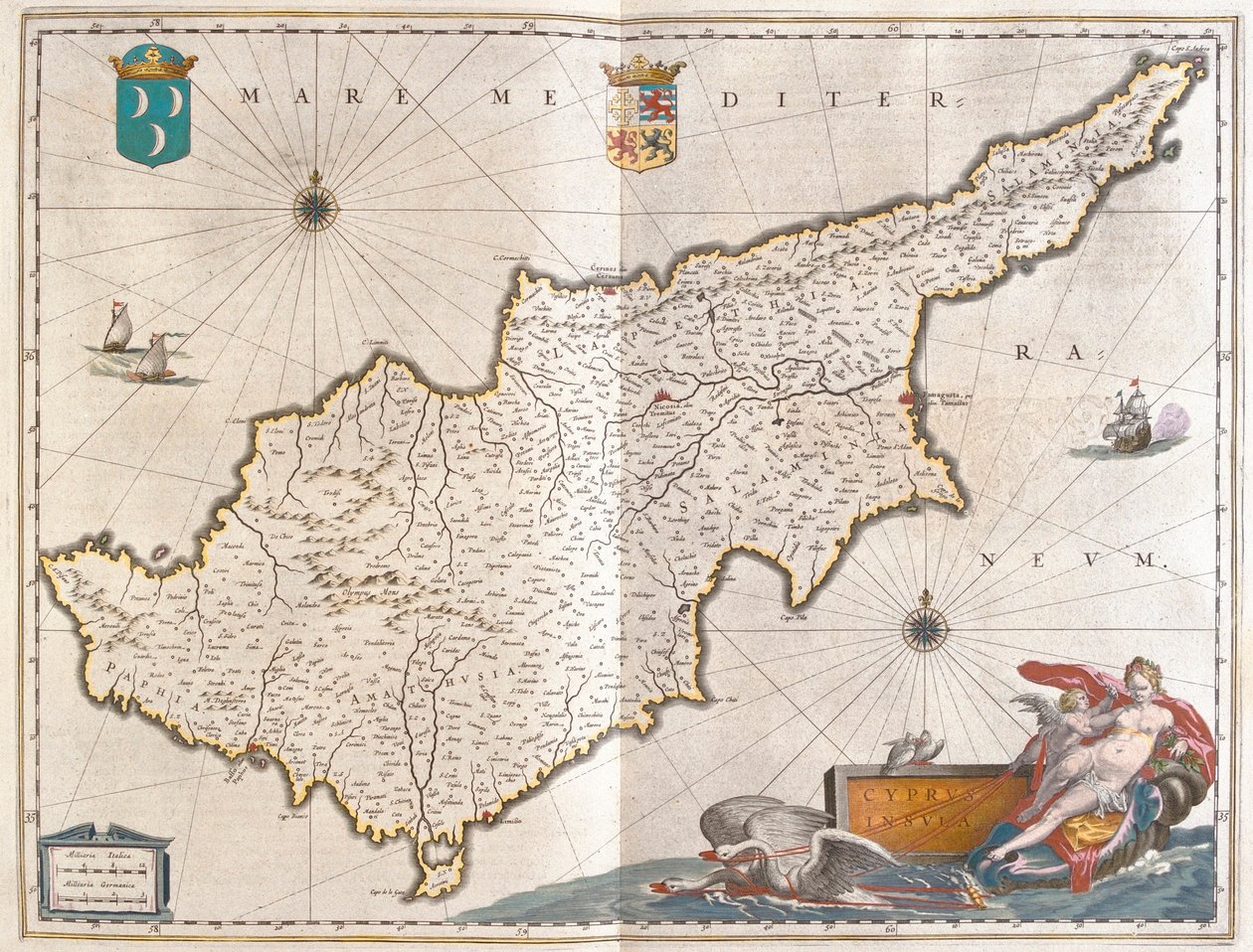 Cypern, i "Theatrum Orbis Terrarum, sive Atlas Novus" av Willem Blaeu, Amsterdam av Willem Blaeu