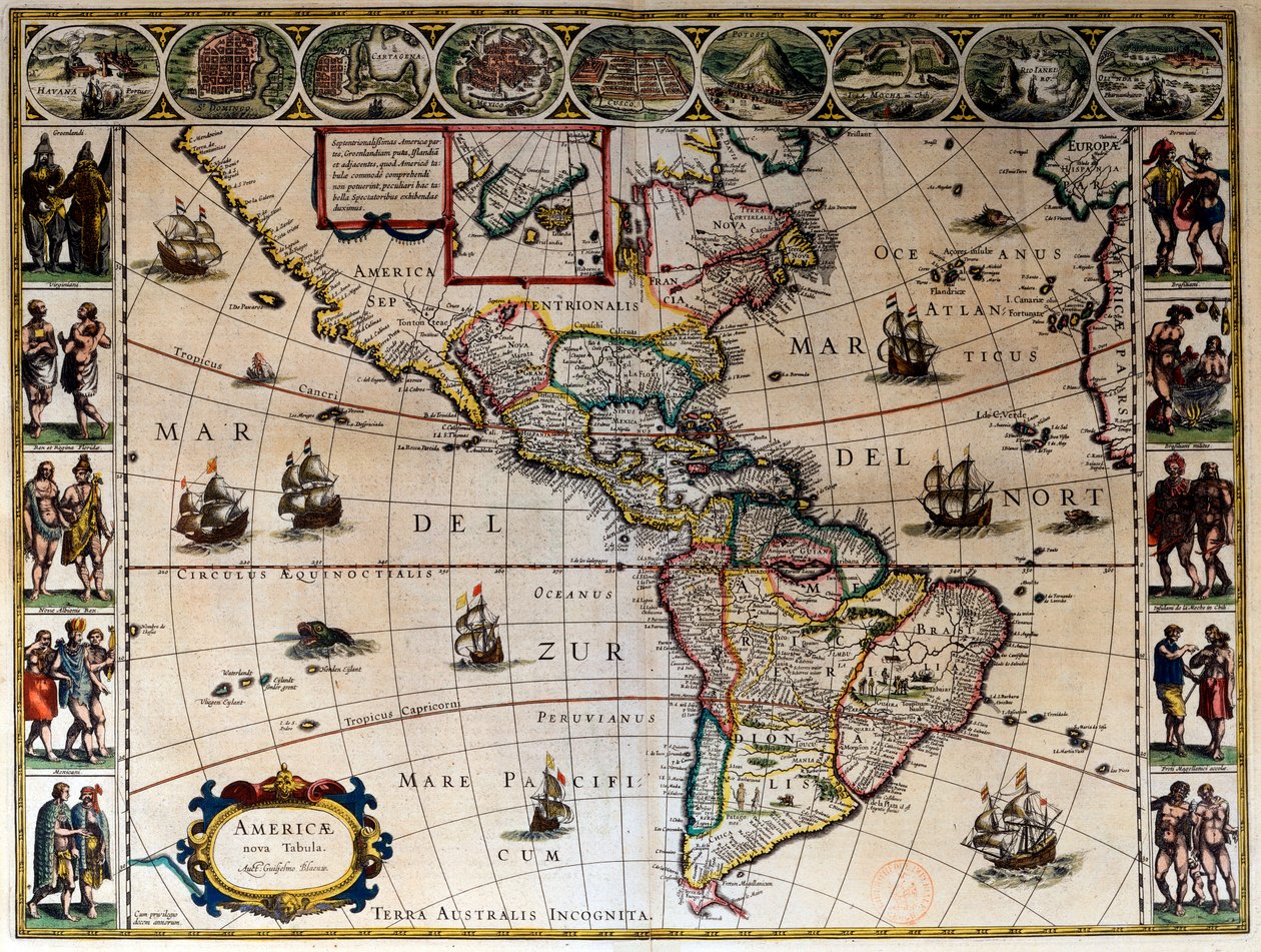 Geografisk karta över Amerika. I "" Le theater du monde ou le nouvel atlas Amsterdam"" producerad av Willem Janszoon Blaeu (1571-1638) av Willem Blaeu
