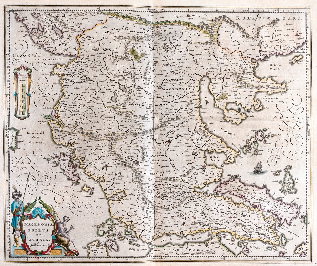Grekland, Makedonien, Albanien, i "Theatrum Orbis Terrarum, sive Atlas Novus" av Willem Blaeu, Amsterdam av Willem Blaeu
