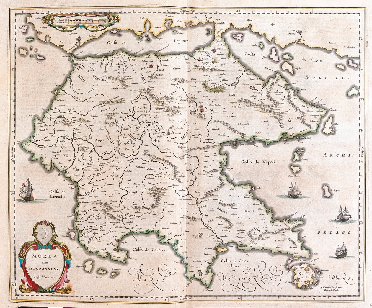 Grekland, Peloponnesos, i "Theatrum Orbis Terrarum, sive Atlas Novus" av Willem Blaeu, Amsterdam av Willem Blaeu