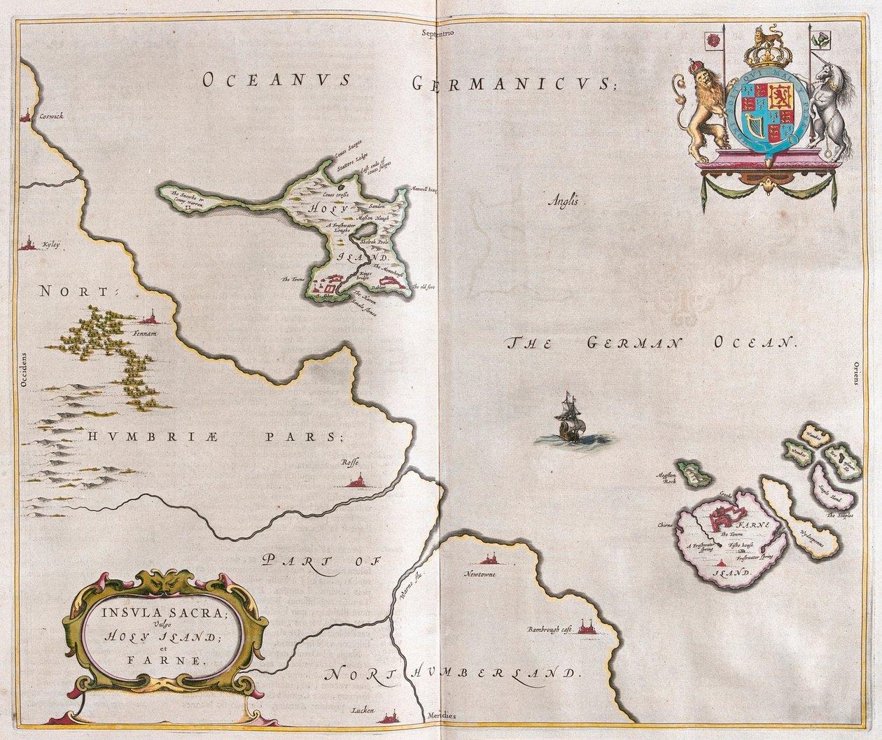 Heliga ön och Lindisfarne, i "Theatrum Orbis Terrarum, sive Atlas Novus" av Willem Blaeu, Amsterdam av Willem Blaeu