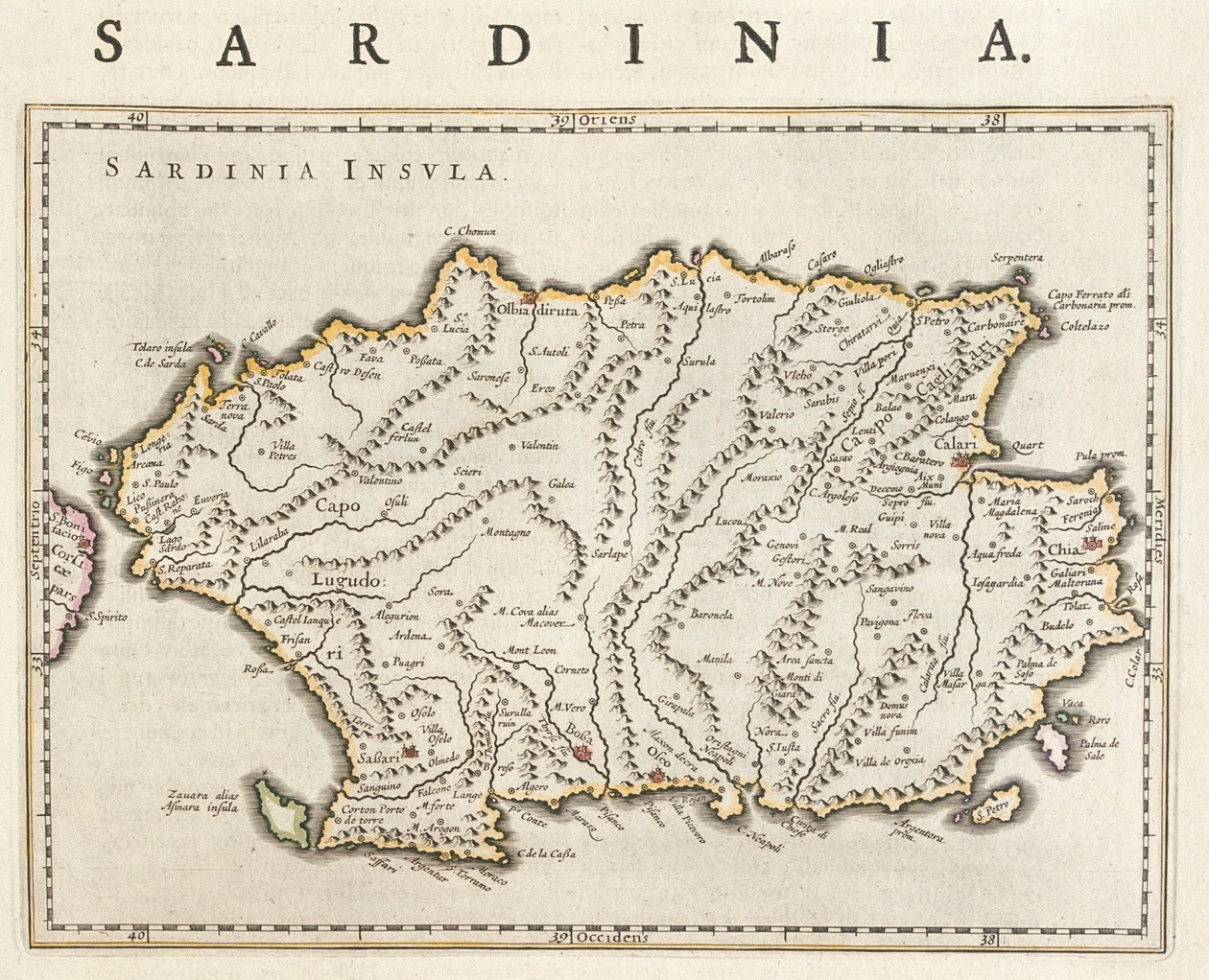 Ön Sardinien, Italien, i "Theatrum Orbis Terrarum, sive Atlas Novus" av Willem Blaeu, Amsterdam av Willem Blaeu