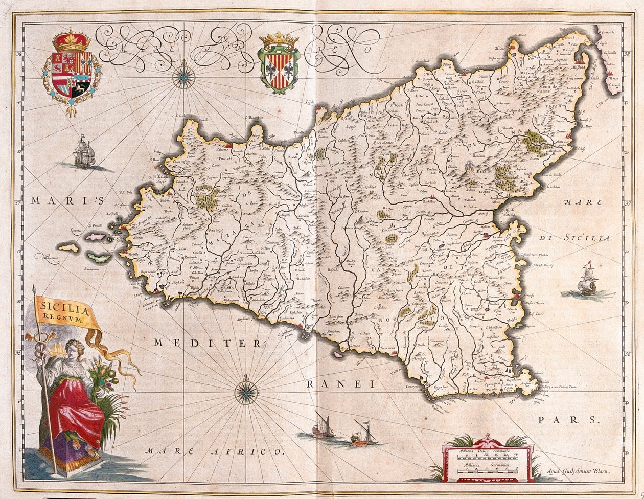 Ön Sicilien, Italien, i "Theatrum Orbis Terrarum, sive Atlas Novus" av Willem Blaeu, Amsterdam av Willem Blaeu