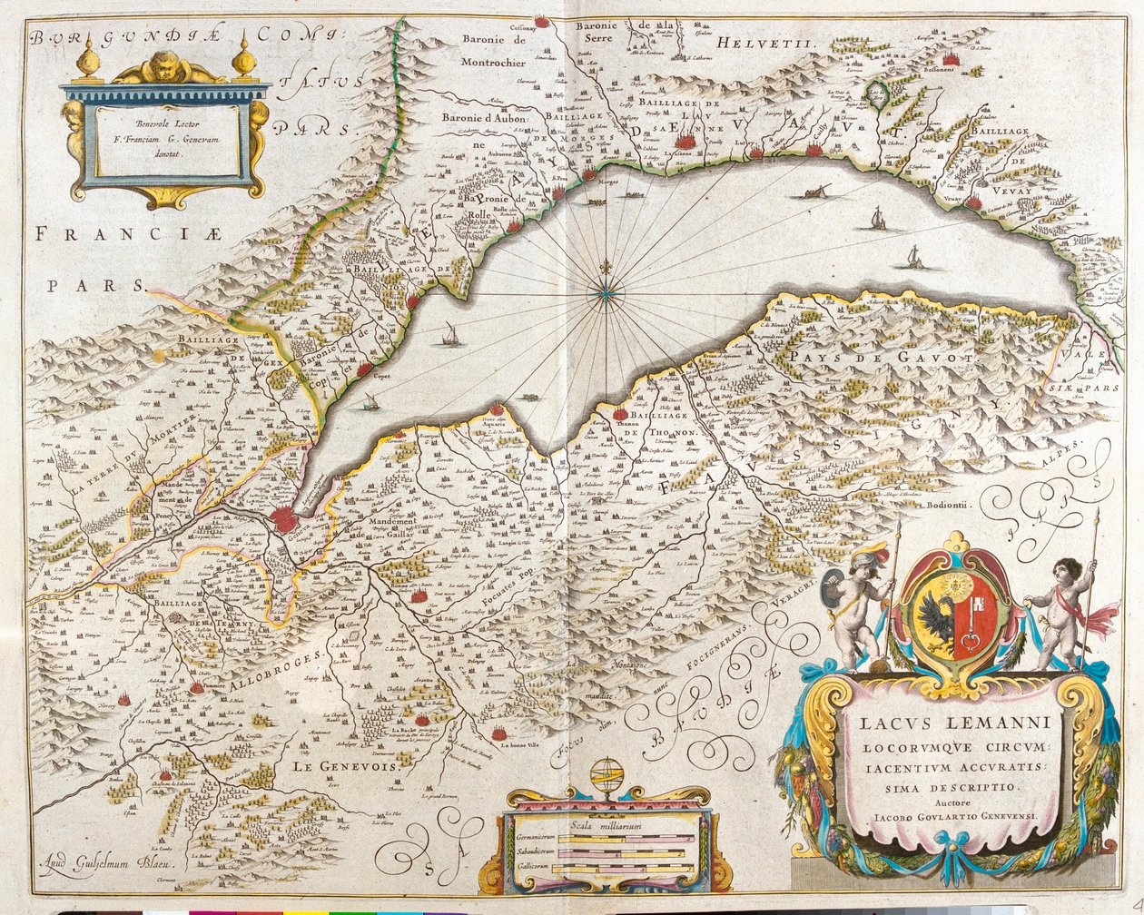 Genèvesjön, i "Theatrum Orbis Terrarum, sive Atlas Novus" av Willem Blaeu, Amsterdam av Willem Blaeu