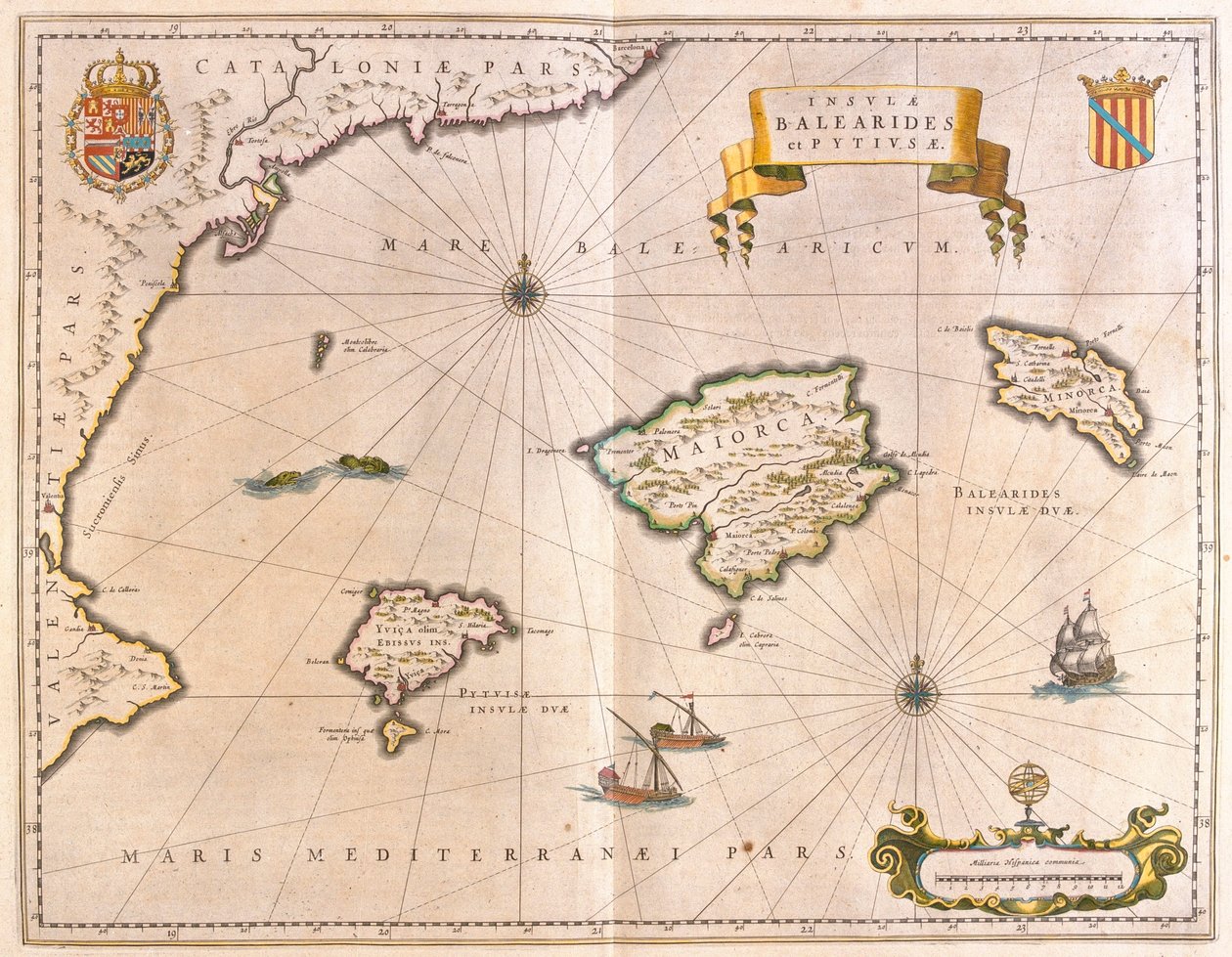 Mallorca, Menorca och Ibiza, inklusive Kataloniens och Valencias kuster, i "Theatrum Orbis Terrarum, sive Atlas Novus" av Willem Blaeu, Amsterdam av Willem Blaeu