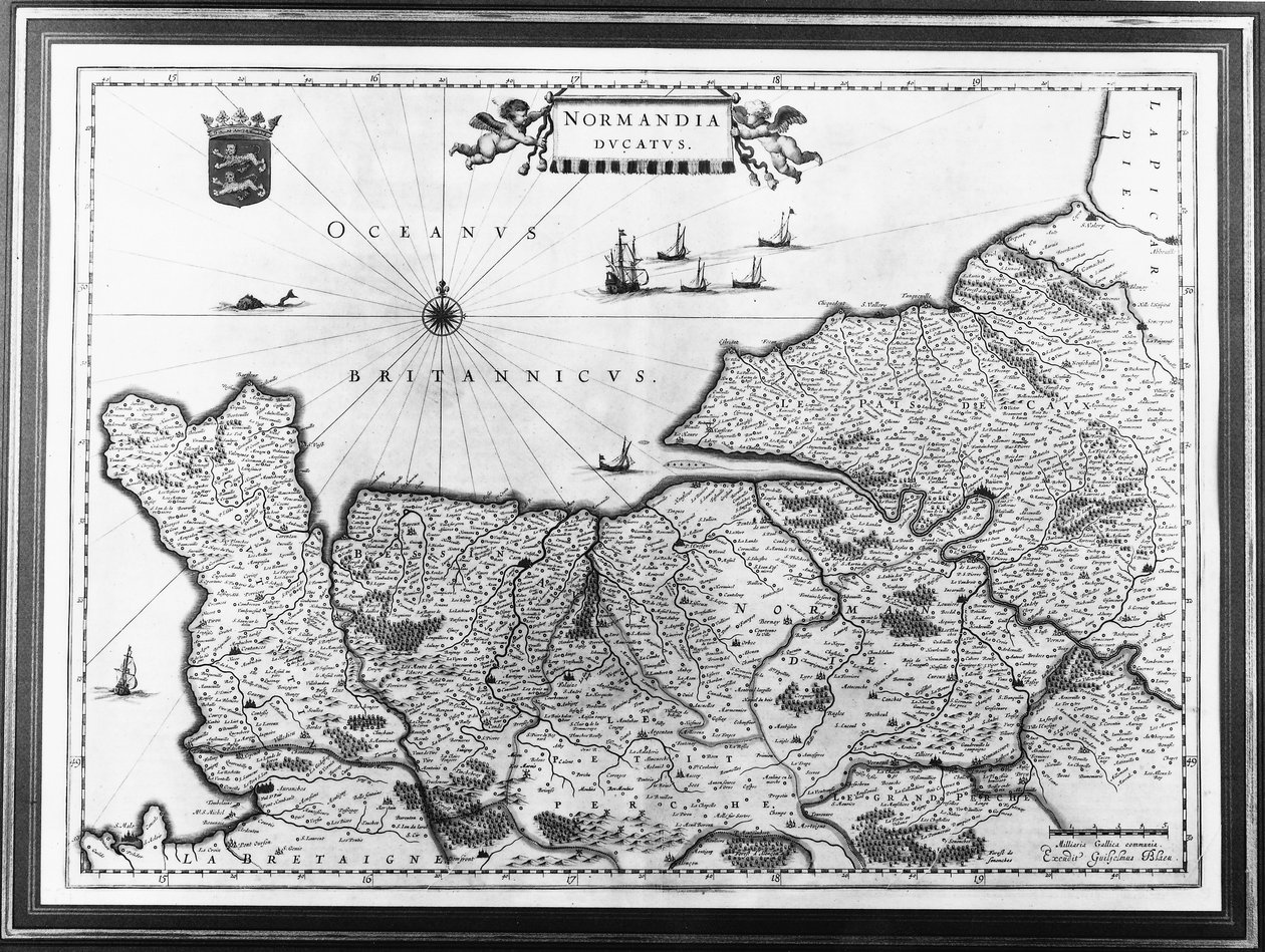 Karta över Normandie efter en illustration från Theatrum Orbis Terrarum eller Atlas Novus av Willem och Joan Blaeu, plåt som föreställer Normandie Ducatus av Willem Blaeu