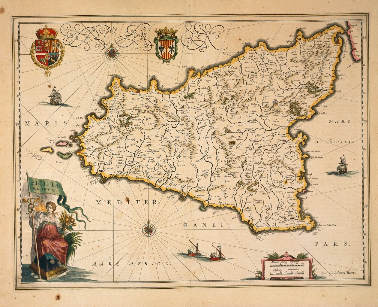 Karta över Sicilien, av Willem Blaeu, från Regionum Italiae, gravyr av Willem Blaeu