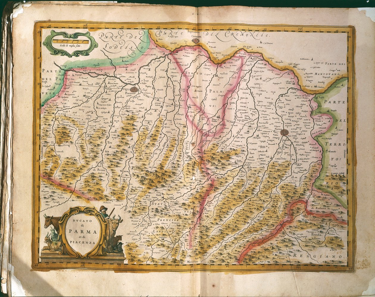 Karta över hertigdömet Parma, gravyr från Regionum Italiae av Willem Blaeu, tryckt i Italien av Willem Blaeu