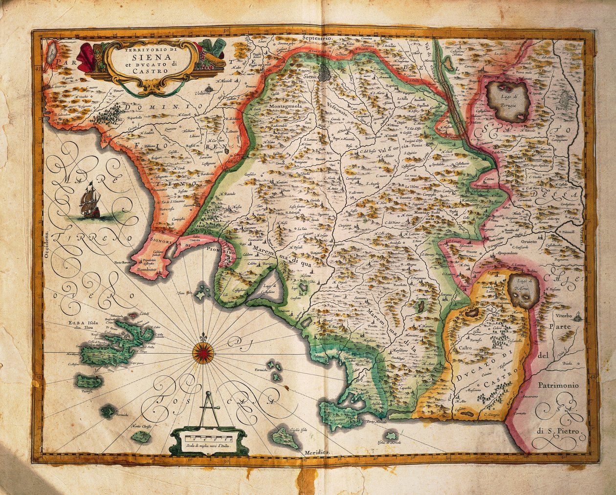 Karta över Sienas gränser från Regionum Italiae av Willem Blaeu, gravyr av Willem Blaeu