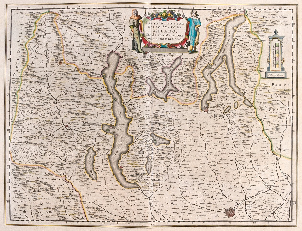 Milano, med sjöarna: Maggiore, Lugano och Como, Italien-Swisse - i "Theatrum Orbis Terrarum, sive Atlas Novus" av Willem Blaeu, Amsterdam av Willem Blaeu