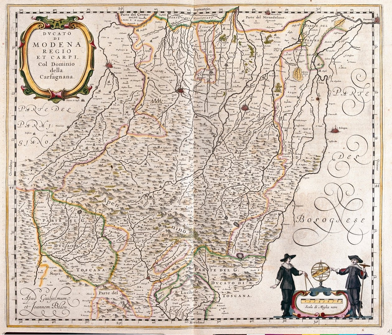 Modena, Reggio Emilia, Carpi, slutet av Garfagnana, Italien,i "Theatrum Orbis Terrarum, sive Atlas Novus" av Willem Blaeu, Amsterdam av Willem Blaeu
