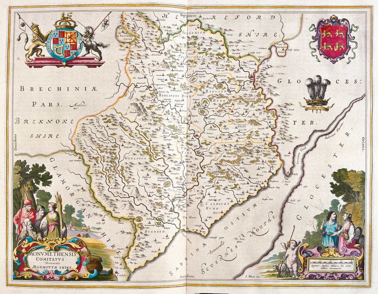 Monmouth shire (England och Wales), i "Theatrum Orbis Terrarum, sive Atlas Novus" av Willem Blaeu, Amsterdam av Willem Blaeu