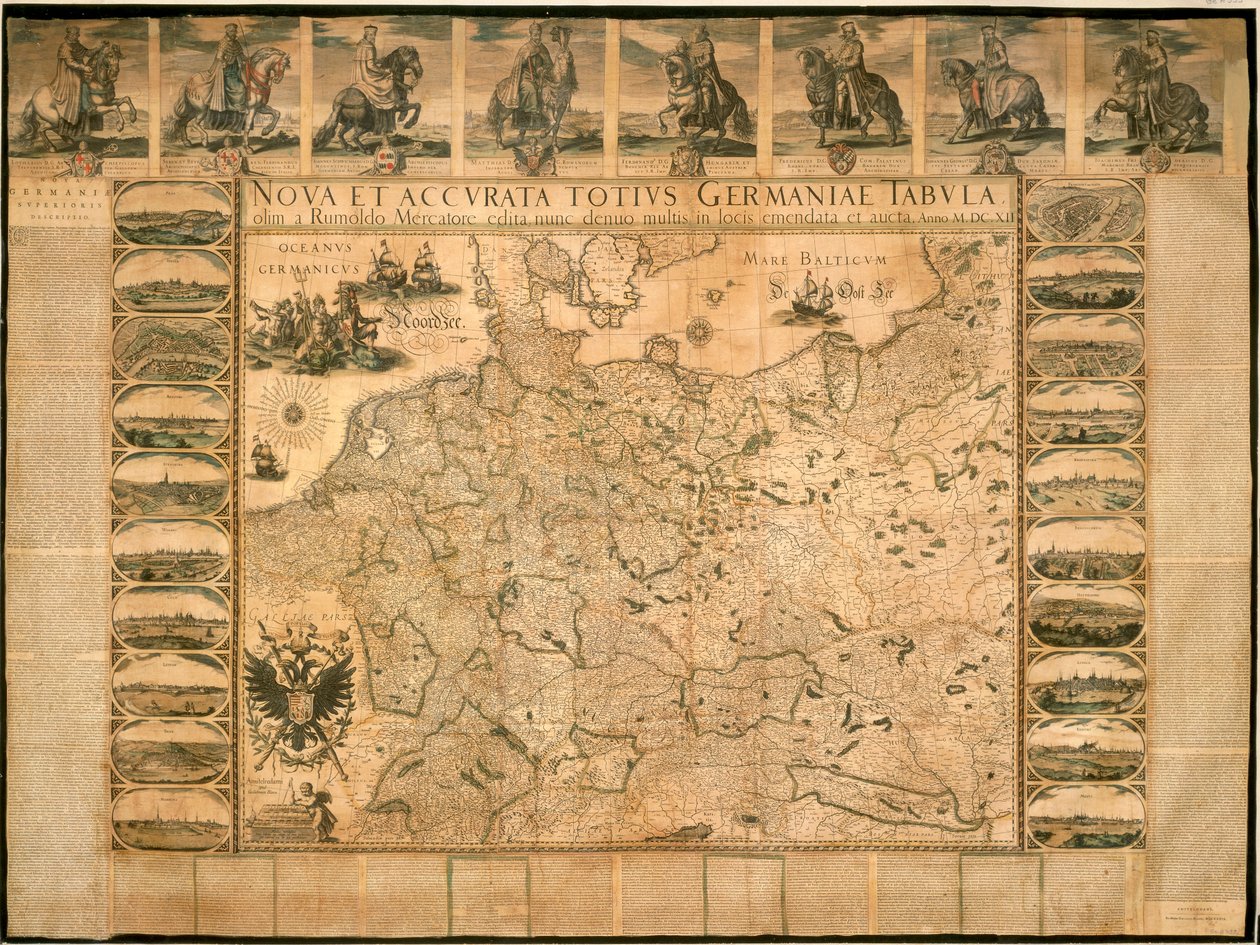 Ny och exakt illustration av Tyskland i dess helhet av Willem Janszoon Blaeu, kopparplåt, tryckt i Amsterdam av Willem Blaeu