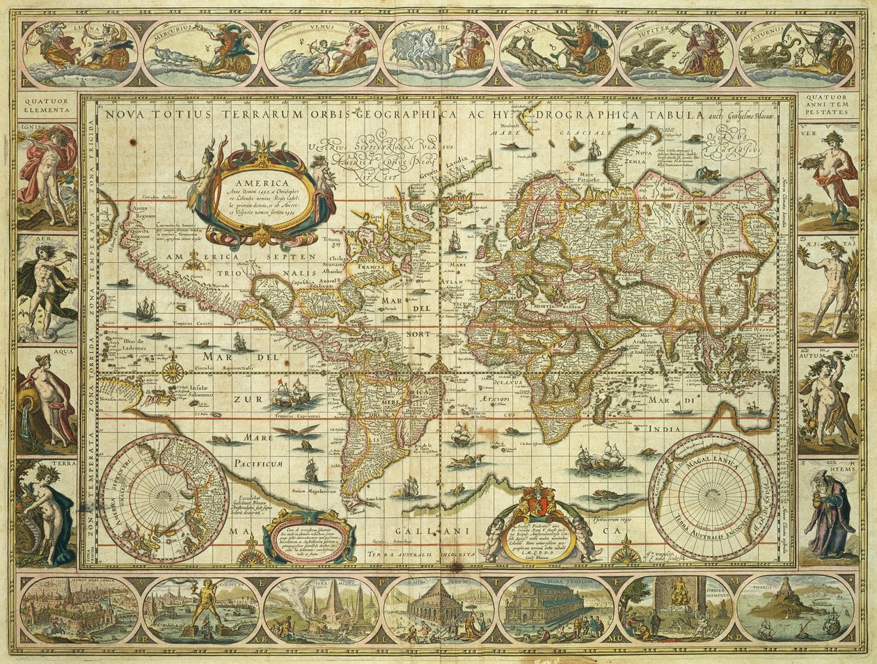 Ny världskarta och hydrografisk karta, Willem Janszoon Blaeu (1571-1638), Amsterdam av Willem Blaeu