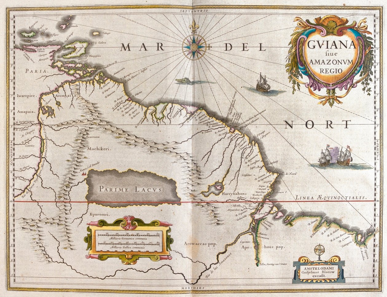 Orinocofloden, Rio Amazzonas, Venezuela, nordöstra Brasile, i "Theatrum Orbis Terrarum, sive Atlas Novus" av Willem Blaeu, Amsterdam av Willem Blaeu
