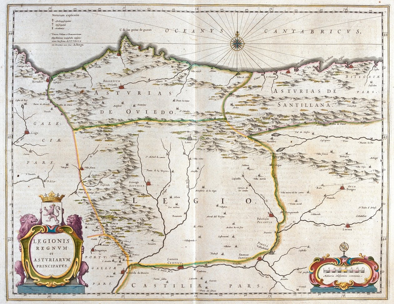 Den spanska provinsen Asturien, Kastilien och Léon, inklusive städerna Oviedo, Leon, Santander och Valladolid, i "Theatrum Orbis Terrarum, sive Atlas Novus" av Willem Blaeu, Amsterdam av Willem Blaeu