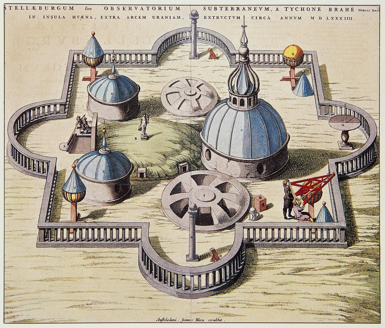 Stelleburgum sive Observatorium Subterraeum, underjordiskt astronomiskt observatorium vid Stjerneborg (Stjärnslottet), designat av Tycho Brahe (1546-1601) på ön Hven, Danmark, ritning av Willem Blaeu, ca 1595. av Willem Blaeu
