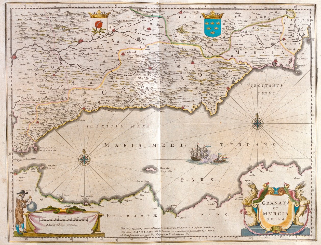 Gibraltar sund till Alicante, så långt in i landet som till Guagalquivir-dalen och Sevilla samt Nordafrikas kust, i "Theatrum Orbis Terrarum, sive Atlas Novus" av Willem Blaeu, Amsterdam av Willem Blaeu