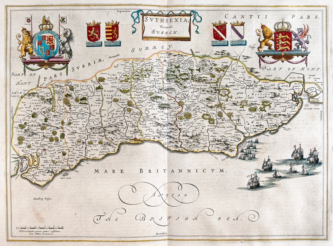 Sussex, i "Theatrum Orbis Terrarum, sive Atlas Novus" av Willem Blaeu, Amsterdam av Willem Blaeu
