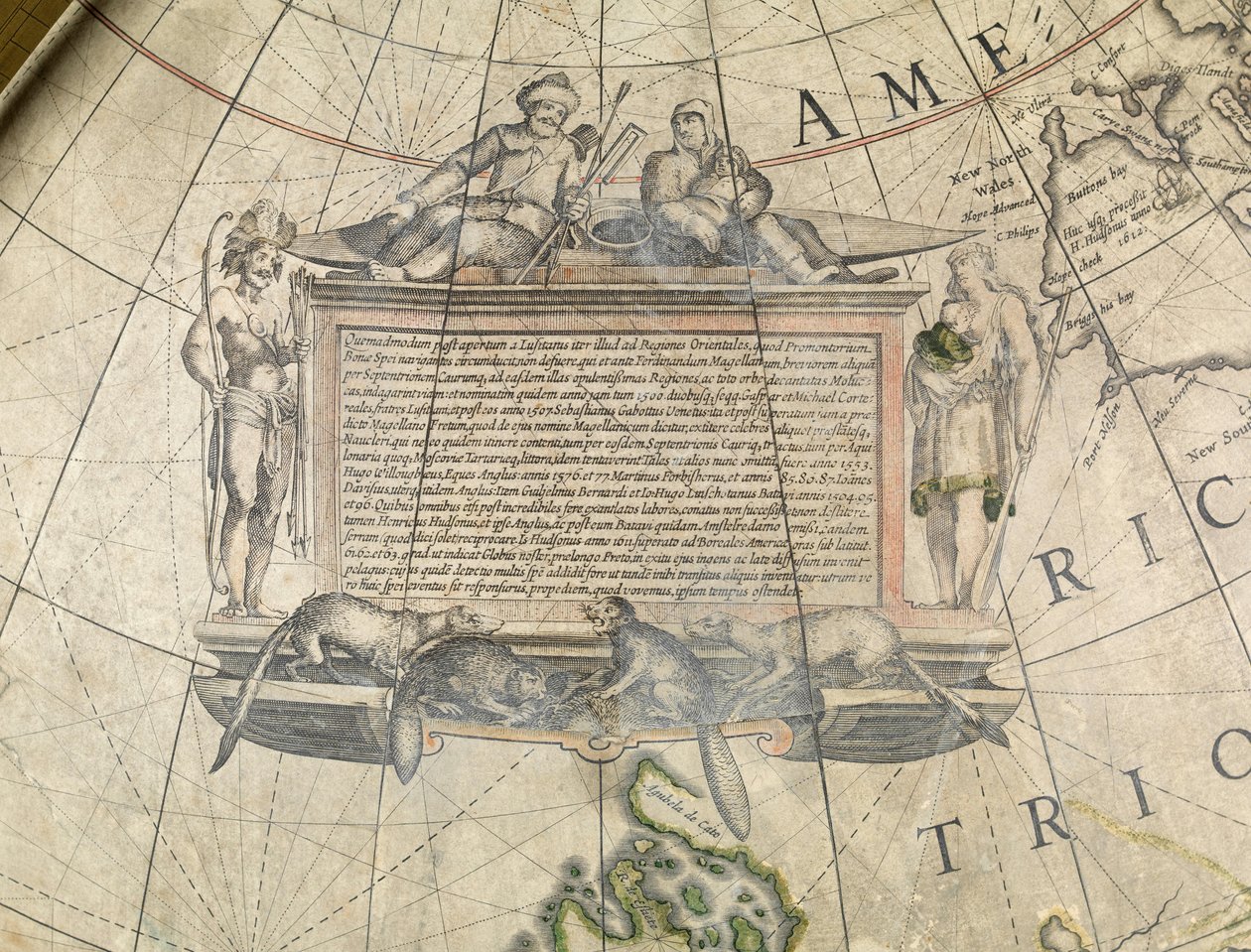 Jordglob, detalj av kartusch, ca 1650 (papier maché, gips, koppargravyr, bläck, lack, mässing, trä, papper) av Willem Blaeu