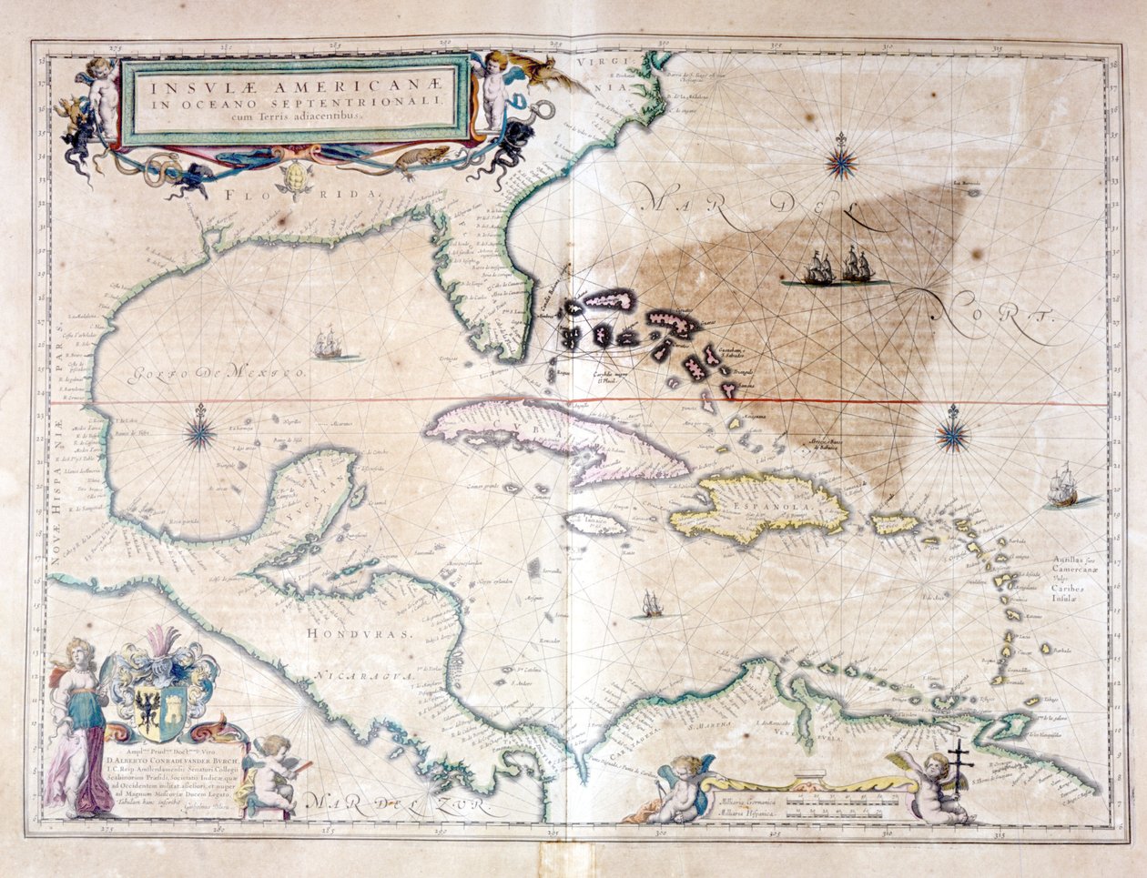 Karibiska havet: du kan se Bermudatriangeln mellan Bermuda Archipelago, Miami och Puerto Rico. Enligt Wilhelm Blaeus Atlas av Willem Blaeu