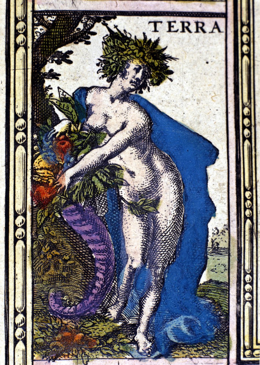 Jorden, ett av de fyra element som representeras i Atlas of W. Blaeu tryckt i Amsterdam 1655. av Willem Blaeu