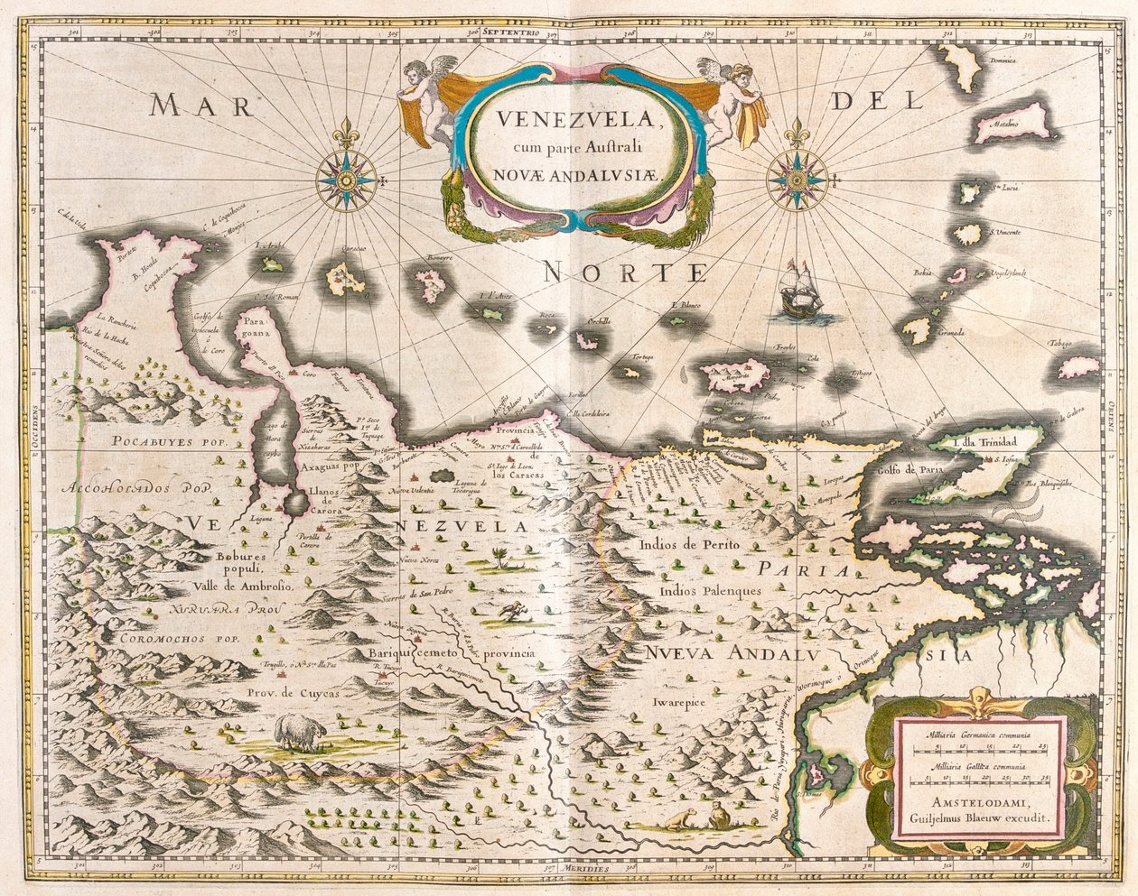 Venezuela, Trinidad, Tobago, Tortuga, Antillerna , Karibien, i "Theatrum Orbis Terrarum, sive Atlas Novus" av Willem Blaeu, Amsterdam av Willem Blaeu