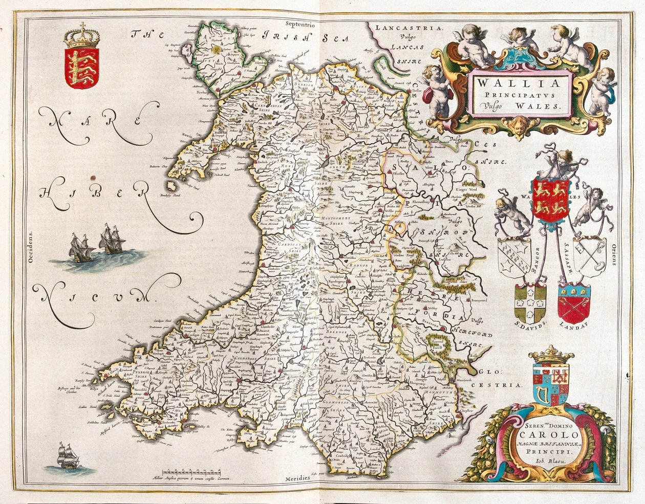 Wales, i "Theatrum Orbis Terrarum, sive Atlas Novus" av Willem Blaeu, Amsterdam av Willem Blaeu