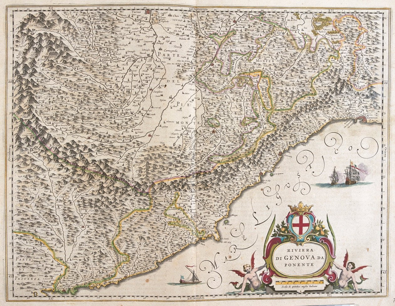 Västra rivieran Ligurien, Italien, i "Theatrum Orbis Terrarum, sive Atlas Novus" av Willem Blaeu, Amsterdam av Willem Blaeu