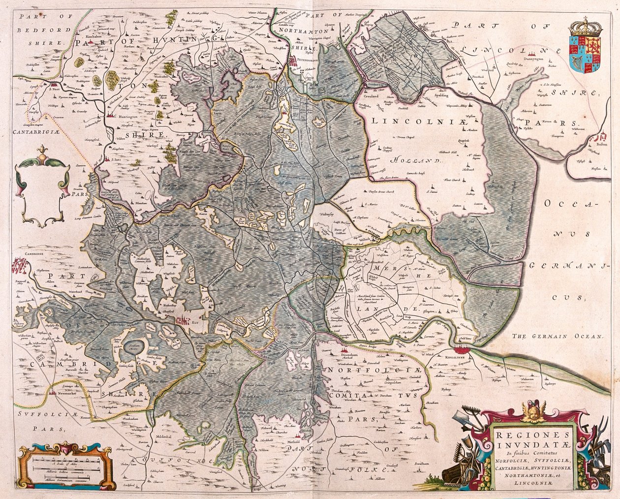 översvämmade områden" i Norfolk, Suffolk, Huntington, Northampton Cambridge och Lincoln, i "Theatrum Orbis Terrarum, sive Atlas Novus" av Willem Blaeu, Amsterdam av Willem Blaeu