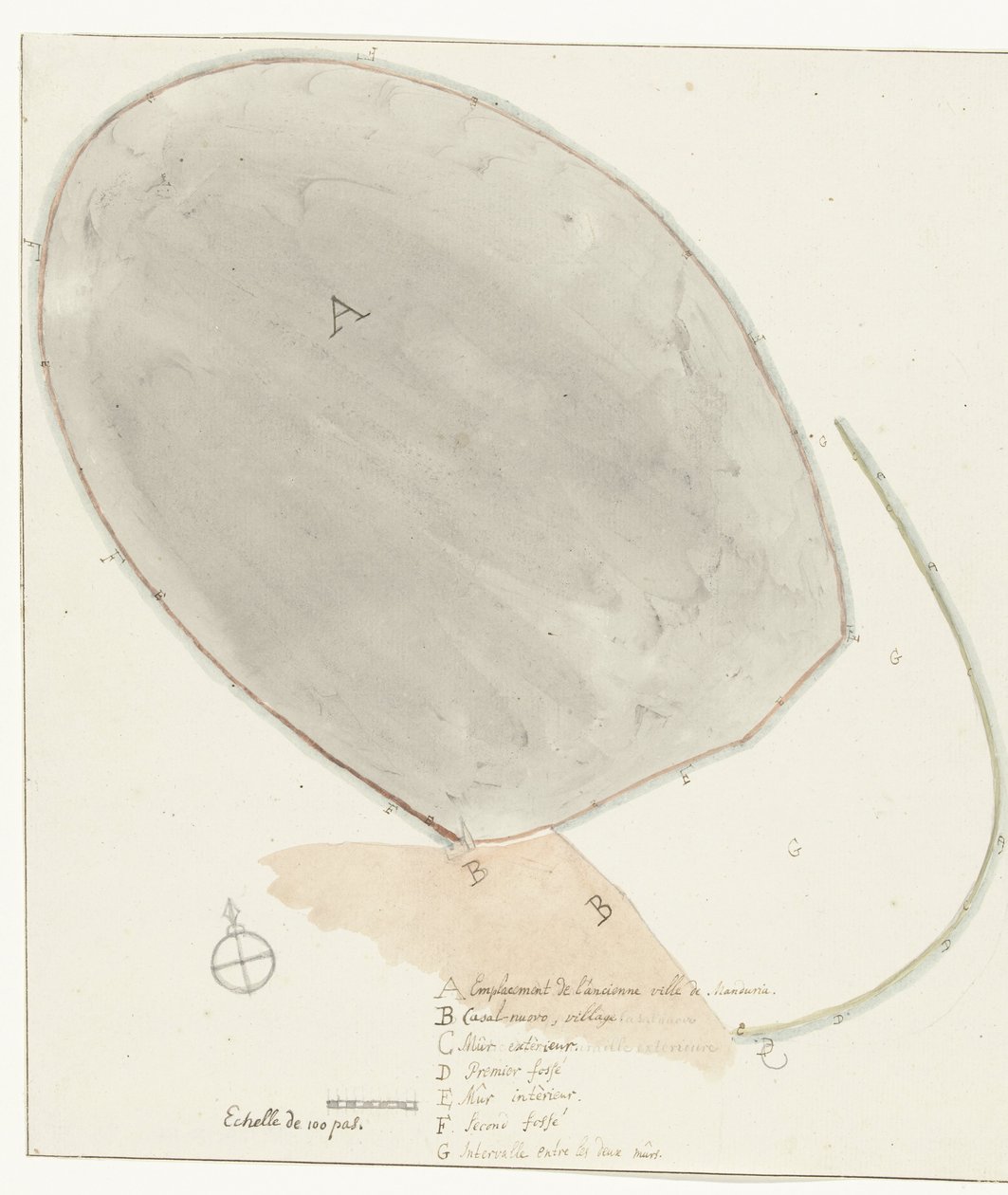 Plattgrund med mått från gamla stad Manduria Uppmätt plan över den yttre och inre väggen i forntida Manduria, av Mr. Dierquens Resor i Italien, Sicilien och Malta - 1778 (serietitel) av Willem Carel Dierkens
