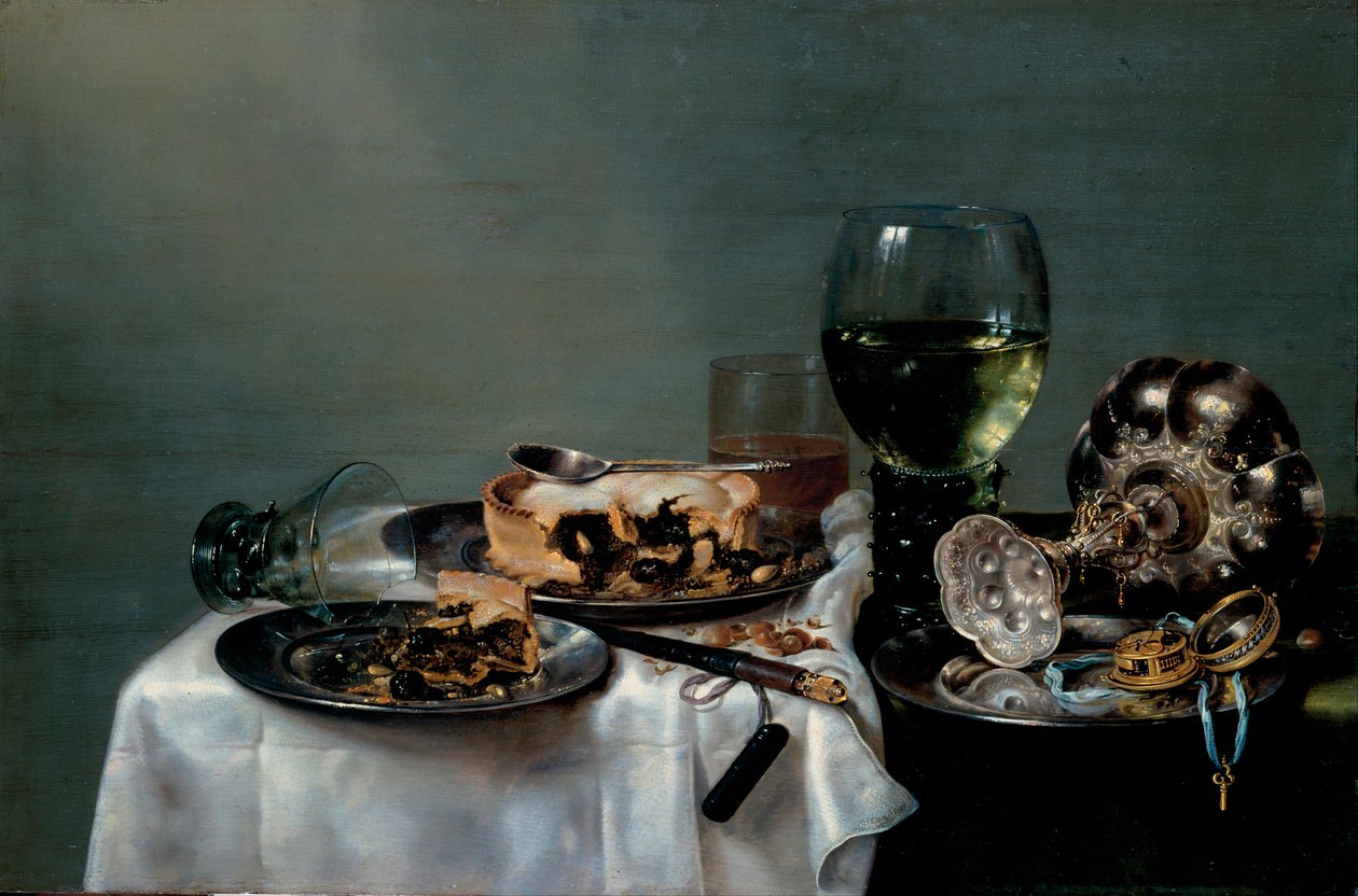 ""Stilleben av frukostbord med björnbärspaj"" (Frukostbord med björnbärspaj) Målning av Willem Claesz Heda (1594-1680) 1631 Dim 54x82 cm Olja på duk Dresdens statliga konstsamlingar Dresden av Willem Claesz. Heda