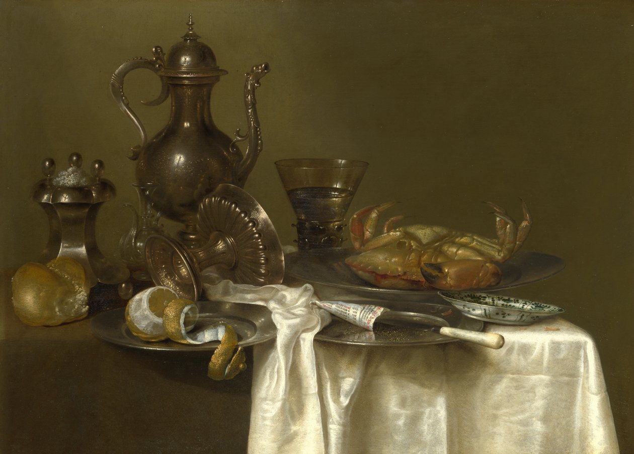 Stilleben: Tenn, silverkärl och en krabba, ca 1636 av Willem Claesz. Heda
